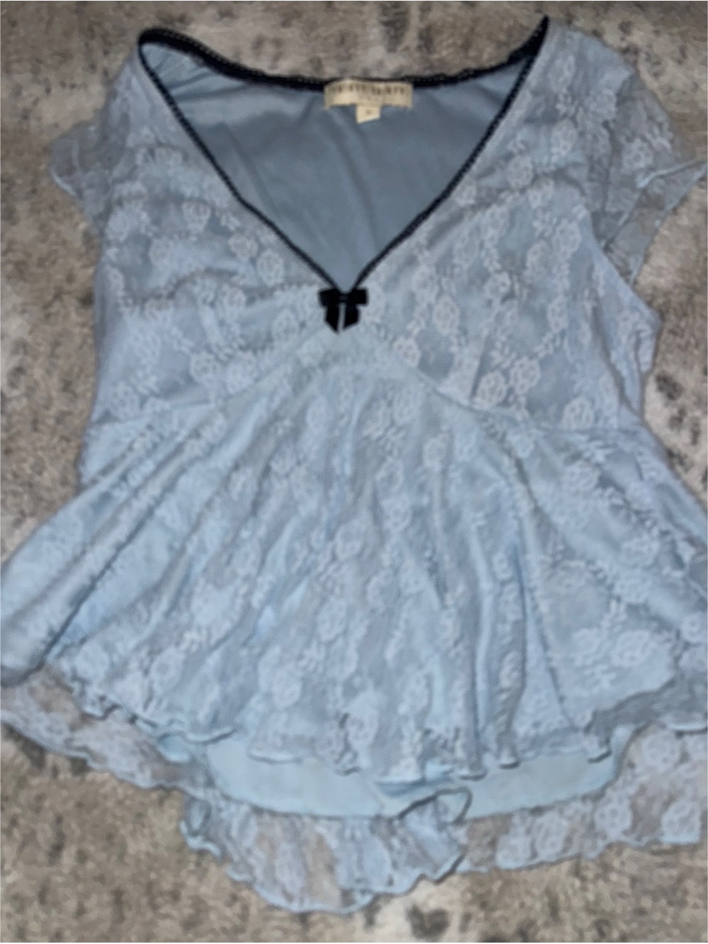 Light Blue Lace Peplum Blouse with Black Trim